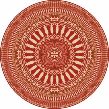 Kırmızı klasik Yunan yuvarlak süsü olan vektör altın. Antik Yunan ve Roma İmparatorluğu Çemberi. Bizans duvarları, zemin ve tavan resimleri. Avrupa saraylarının dekorasyonu