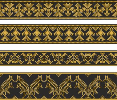 Vector set of gold and black native american ornamental seamless borders. Framework of the peoples of America, Aztecs, Maya, Incas