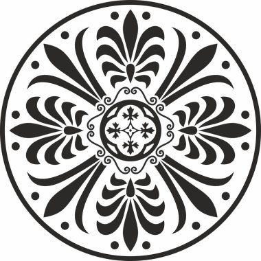 Siyah vektör monokrom klasik Yunan yuvarlak süsü. Antik Yunan ve Roma İmparatorluğu Çemberi. Bizans duvarları, zemin ve tavan resimleri. Avrupa saraylarının dekorasyonu