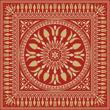 Kırmızı klasik Yunan kare süslemeli vektör altın. Antik Yunan ve Roma İmparatorluğu dikdörtgeni. Bizans duvarları, zemin ve tavan resimleri. Avrupa saraylarının dekorasyonu