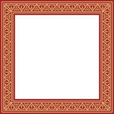 Kırmızı kenarlı, çerçeve, Pompei 'li vektör kare altın. Dikdörtgen Neopolitan süsü. Antik Roma Sanatı. Boyalı cam şablonu