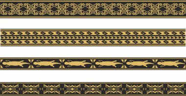 Vector set of gold and black native american ornamental seamless borders. Framework of the peoples of America, Aztecs, Maya, Incas