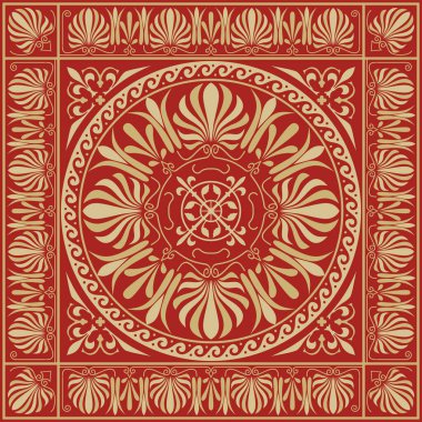 Kırmızı klasik Yunan kare süslemeli vektör altın. Antik Yunan ve Roma İmparatorluğu dikdörtgeni. Bizans duvarları, zemin ve tavan resimleri. Avrupa saraylarının dekorasyonu