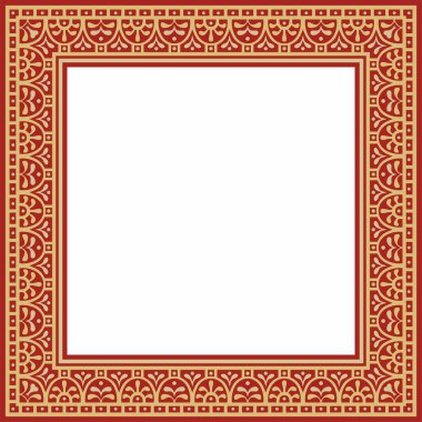 Kırmızı kenarlı, çerçeve, Pompei 'li vektör kare altın. Dikdörtgen Neopolitan süsü. Antik Roma Sanatı. Boyalı cam şablonu