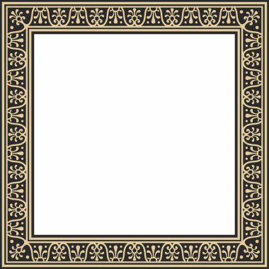 Siyah kenarlı, çerçeve, Pompei 'li vektör kare altın. Dikdörtgen Neopolitan süsü. Antik Roma Sanatı. Boyalı cam şablonu
