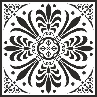 Siyah vektör monokrom klasik Yunan kare süsü. Antik Yunan ve Roma İmparatorluğu dikdörtgeni. Bizans duvarları, zemin ve tavan resimleri. Avrupa saraylarının dekorasyonu