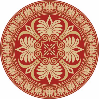 Kırmızı klasik Yunan yuvarlak süsü olan vektör altın. Antik Yunan ve Roma İmparatorluğu Çemberi. Bizans duvarları, zemin ve tavan resimleri. Avrupa saraylarının dekorasyonu