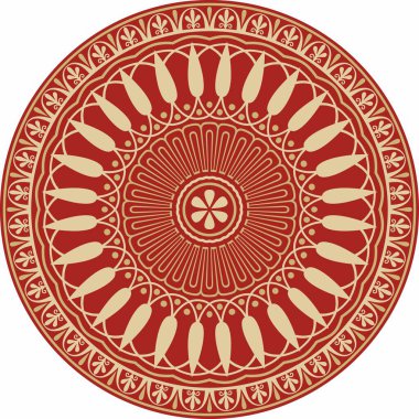 Kırmızı klasik Yunan yuvarlak süsü olan vektör altın. Antik Yunan ve Roma İmparatorluğu Çemberi. Bizans duvarları, zemin ve tavan resimleri. Avrupa saraylarının dekorasyonu