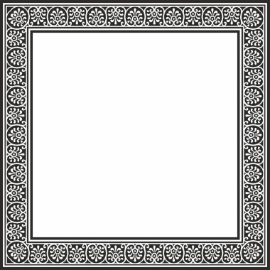 Vektör karesi siyah monokrom kenarı, çerçeve, Pompeii. Dikdörtgen Neopolitan süsü. Antik Roma Sanatı. Boyalı cam şablonu