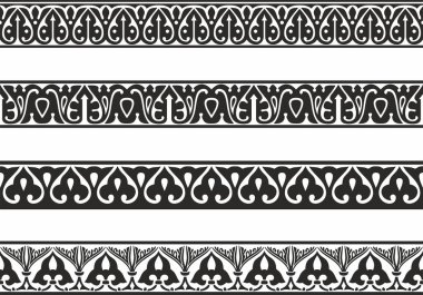 Siyah, tek renkli, pürüzsüz Arap ulusal süslemelerinin vektör seti. Sonsuz etnik sınırlar, doğu halklarının çerçeveleri. Farsça resim