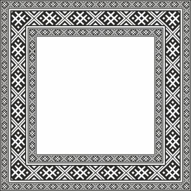Vector black monokrom kare Belarus ulusal süs çerçevesi. Slav halkları, Rus, Ukraynalı, Sırp, Polonyalı, Bulgar etnik desenli dikdörtgen. Çapraz dikiş şablonu