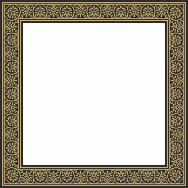 Siyah kenarlı, çerçeve, Pompei 'li vektör kare altın. Dikdörtgen Neopolitan süsü. Antik Roma Sanatı. Boyalı cam şablonu