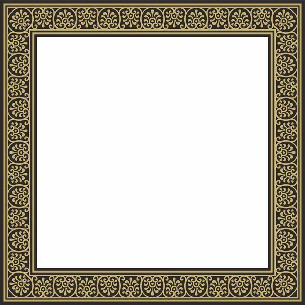 Siyah kenarlı, çerçeve, Pompei 'li vektör kare altın. Dikdörtgen Neopolitan süsü. Antik Roma Sanatı. Boyalı cam şablonu