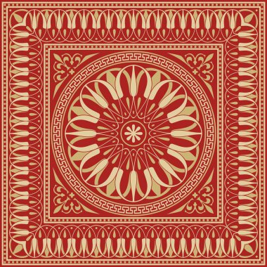 Kırmızı klasik Yunan kare süslemeli vektör altın. Antik Yunan ve Roma İmparatorluğu dikdörtgeni. Bizans duvarları, zemin ve tavan resimleri. Avrupa saraylarının dekorasyonu