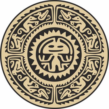 Amerikan yerlisi, siyah desenli altın sarısı bir vektör. Daire şeklinde geometrik şekiller. Amerika 'nın, Maya' nın, Azteklerin, İnka 'nın ulusal süslemeleri.