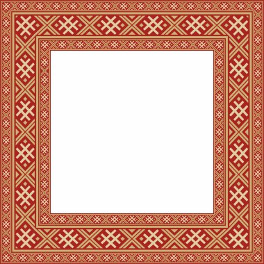 Vector kırmızı altın kare Belarus ulusal süs çerçevesi. Slav halkları, Rus, Ukraynalı, Sırp, Polonyalı, Bulgar etnik desenli dikdörtgen. Çapraz dikiş şablonu