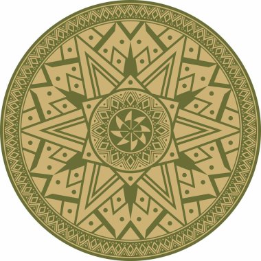 Native American vector round gold with green pattern. Geometric shapes in a circle. National ornament of the peoples of America, Maya, Aztecs, Incas