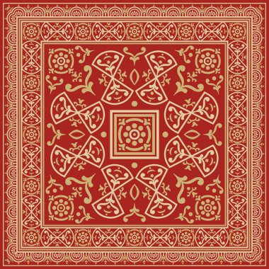 Kırmızı kenarlı, çerçeve, Pompei 'li vektör kare altın. Dikdörtgen Neopolitan süsü. Antik Roma Sanatı. Boyalı cam şablonu