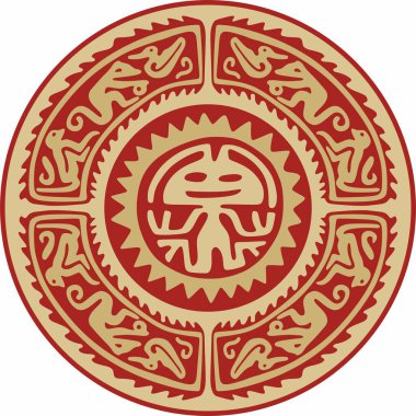 Native American vector round gold with red pattern. Geometric shapes in a circle. National ornament of the peoples of America, Maya, Aztecs, Incas
