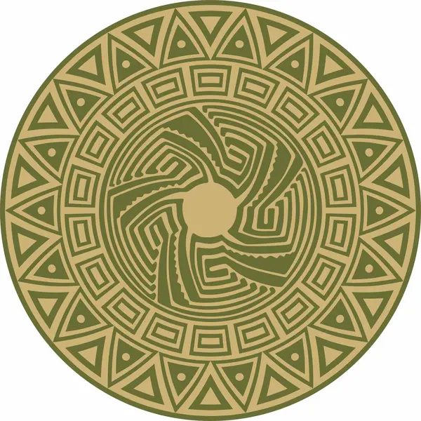 Native American vector round gold with green pattern. Geometric shapes in a circle. National ornament of the peoples of America, Maya, Aztecs, Incas