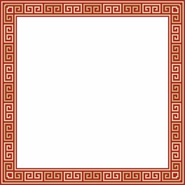 Kırmızı klasik Yunan kare süslemeli vektör altın. Antik Yunan ve Roma İmparatorluğu dikdörtgeni. Bizans duvarları, zemin ve tavan resimleri. Avrupa saraylarının dekorasyonu