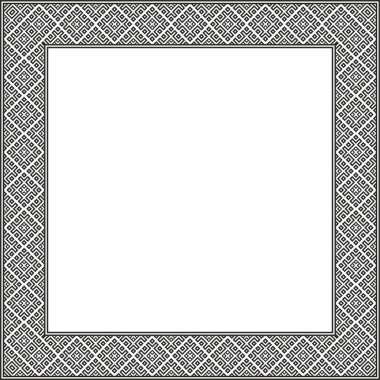 Vector black monokrom kare Belarus ulusal süs çerçevesi. Slav halkları, Rus, Ukraynalı, Sırp, Polonyalı, Bulgar etnik desenli dikdörtgen. Çapraz dikiş şablonu