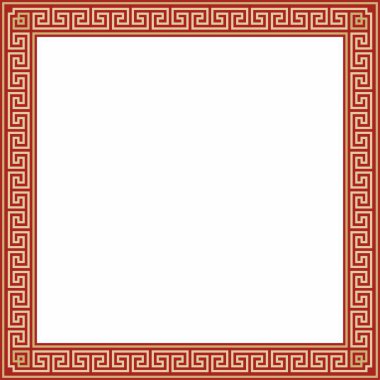 Kırmızı klasik Yunan kare süslemeli vektör altın. Antik Yunan ve Roma İmparatorluğu dikdörtgeni. Bizans duvarları, zemin ve tavan resimleri. Avrupa saraylarının dekorasyonu