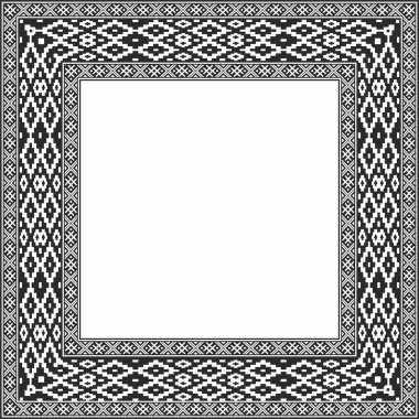 Vector black monokrom kare Belarus ulusal süs çerçevesi. Slav halkları, Rus, Ukraynalı, Sırp, Polonyalı, Bulgar etnik desenli dikdörtgen. Çapraz dikiş şablonu