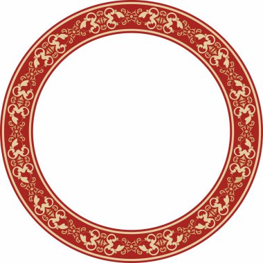 Yuvarlak altın ve kırmızı antik Rus süsü. Slav sınırı, çerçeve. Çember, halka. Kraliyet odalarının resimleri.