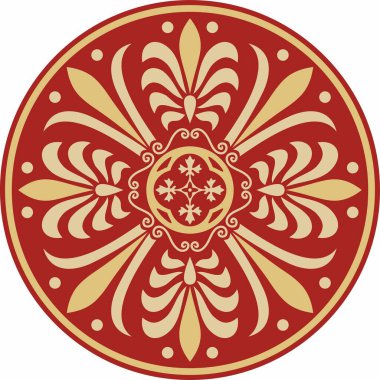 Kırmızı klasik Yunan yuvarlak süsü olan vektör altın. Antik Yunan ve Roma İmparatorluğu Çemberi. Bizans duvarları, zemin ve tavan resimleri. Avrupa saraylarının dekorasyonu