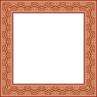 Kırmızı kenarlı, çerçeve, Pompei 'li vektör kare altın. Dikdörtgen Neopolitan süsü. Antik Roma Sanatı. Boyalı cam şablonu