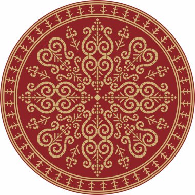 Vektör altın ve kırmızı Yakut süsü. Sonsuz çember, sınır, Uzakdoğu 'nun kuzeyindeki insanların çerçevesi.