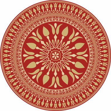 Kırmızı klasik Yunan yuvarlak süsü olan vektör altın. Antik Yunan ve Roma İmparatorluğu Çemberi. Bizans duvarları, zemin ve tavan resimleri. Avrupa saraylarının dekorasyonu