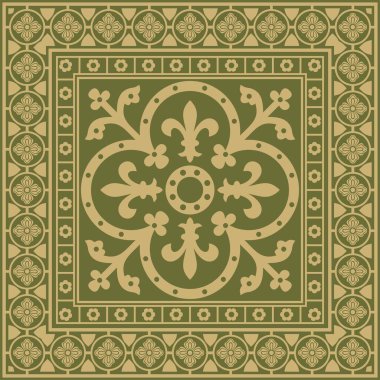 Altın kareli gotik süslemeli vektör yeşili. Orta Çağ Avrupa dikdörtgeni, sınır. Klasik Almanların, Açılar, Saksonlar, Franklar.