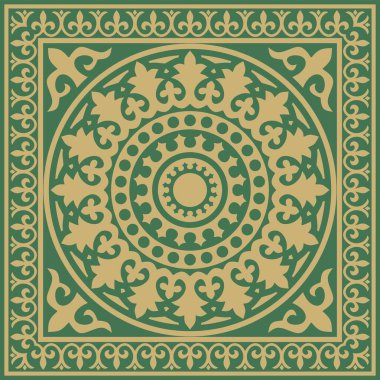 Yeşil kare klasik Bizans süslemeli vektör altın. Dikdörtgen, sınır, Antik Yunan, Doğu Roma İmparatorluğu çerçevesi. Rus Ortodoks Kilisesi Dekorasyonu