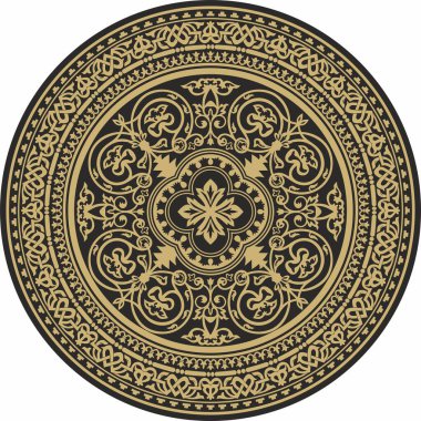 Vektör altın ve siyah yuvarlak klasik Bizans süsü. Çember, halka, sınır, Antik Yunan, Doğu Roma İmparatorluğu çerçevesi. Rus Ortodoks Kilisesi Dekorasyonu