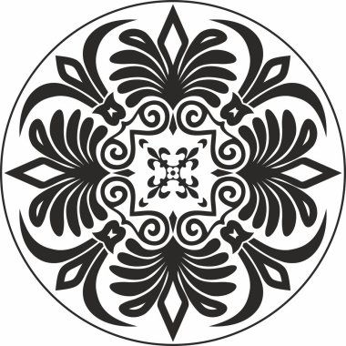 Siyah vektör monokrom klasik Yunan yuvarlak süsü. Antik Yunan ve Roma İmparatorluğu Çemberi. Bizans duvarları, zemin ve tavan resimleri. Avrupa saraylarının dekorasyonu