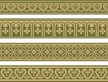 Vektör altın ve yeşil, pürüzsüz Çin sınırları. Doğulu insanların bitmeyen süslemeleri, Kore, Tayvan, Çin, Hong Kong, Endonesi