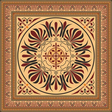 Vektör renkli klasik Yunan kare süsü. Antik Yunan ve Roma İmparatorluğu dikdörtgeni. Bizans duvarları, zemin ve tavan resimleri. Avrupa saraylarının dekorasyonu