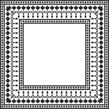 Vector monokrom siyah kare Türk ulusal süsü. Osmanlı sınırı, çerçeve. Etnik çiçek dikdörtgeni, Seljuk Türkleri deseni. Sultan 'ın sarayının dekorasyonu.