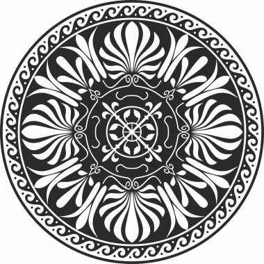 Siyah vektör monokrom klasik Yunan yuvarlak süsü. Antik Yunan ve Roma İmparatorluğu Çemberi. Bizans duvarları, zemin ve tavan resimleri. Avrupa saraylarının dekorasyonu