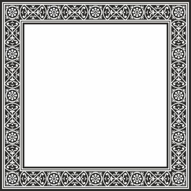 Vektör karesi siyah monokrom kenarı, çerçeve, Pompeii. Dikdörtgen Neopolitan süsü. Antik Roma Sanatı. Boyalı cam şablonu