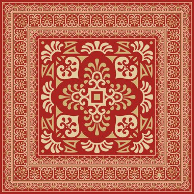 Kırmızı kenarlı, çerçeve, Pompei 'li vektör kare altın. Dikdörtgen Neopolitan süsü. Antik Roma Sanatı. Boyalı cam şablonu