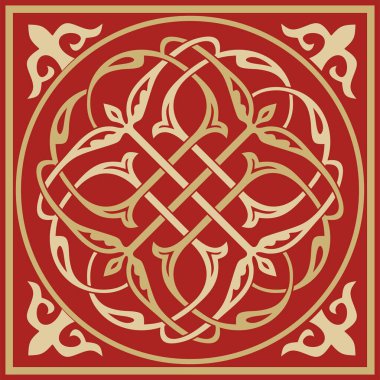 Vektör altın ve kırmızı kare klasik Bizans süsü. Dikdörtgen, sınır, Antik Yunan, Doğu Roma İmparatorluğu çerçevesi. Rus Ortodoks Kilisesi Dekorasyonu