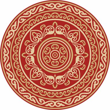 Yuvarlak altın ve kırmızı antik Rus süsü. Slav sınırı, çerçeve. Çember, halka. Kraliyet odalarının resimleri.