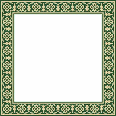 Yeşil kare Türk ulusal süsü olan vektör altın. Osmanlı sınırı, çerçeve. Etnik çiçek dikdörtgeni, Seljuk Türkleri deseni. Sultan 'ın sarayının dekorasyonu.