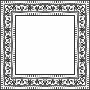 Vector monokrom siyah kare Türk ulusal süsü. Osmanlı sınırı, çerçeve. Etnik çiçek dikdörtgeni, Seljuk Türkleri deseni. Sultan 'ın sarayının dekorasyonu.