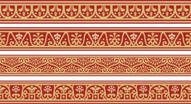 Vector seamless gold with red border, Pompeii frame. Endless Neopolitan ornament. Art of Ancient Rome