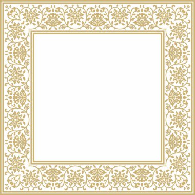 Vektör altın kare Türk ulusal süsü. Osmanlı sınırı, çerçeve. Etnik çiçek dikdörtgeni, Seljuk Türkleri deseni. Sultan 'ın sarayının dekorasyonu.