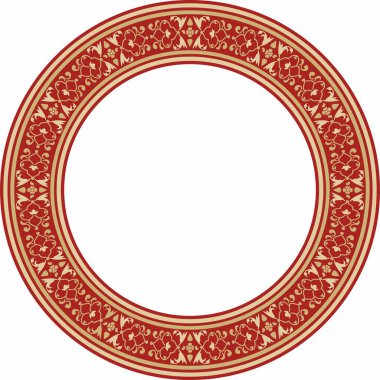 Kırmızı yuvarlak Türk milli süsü olan vektör altın. Osmanlı sınırı, çerçeve. Etnik çiçek çemberi, halka, Seljuk Türkleri deseni. Sultan 'ın sarayının dekorasyonu.